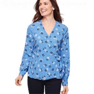 New Talbots Wrap top Large Petite Cottagecore Boho Flowers Dots Poet Sleeve